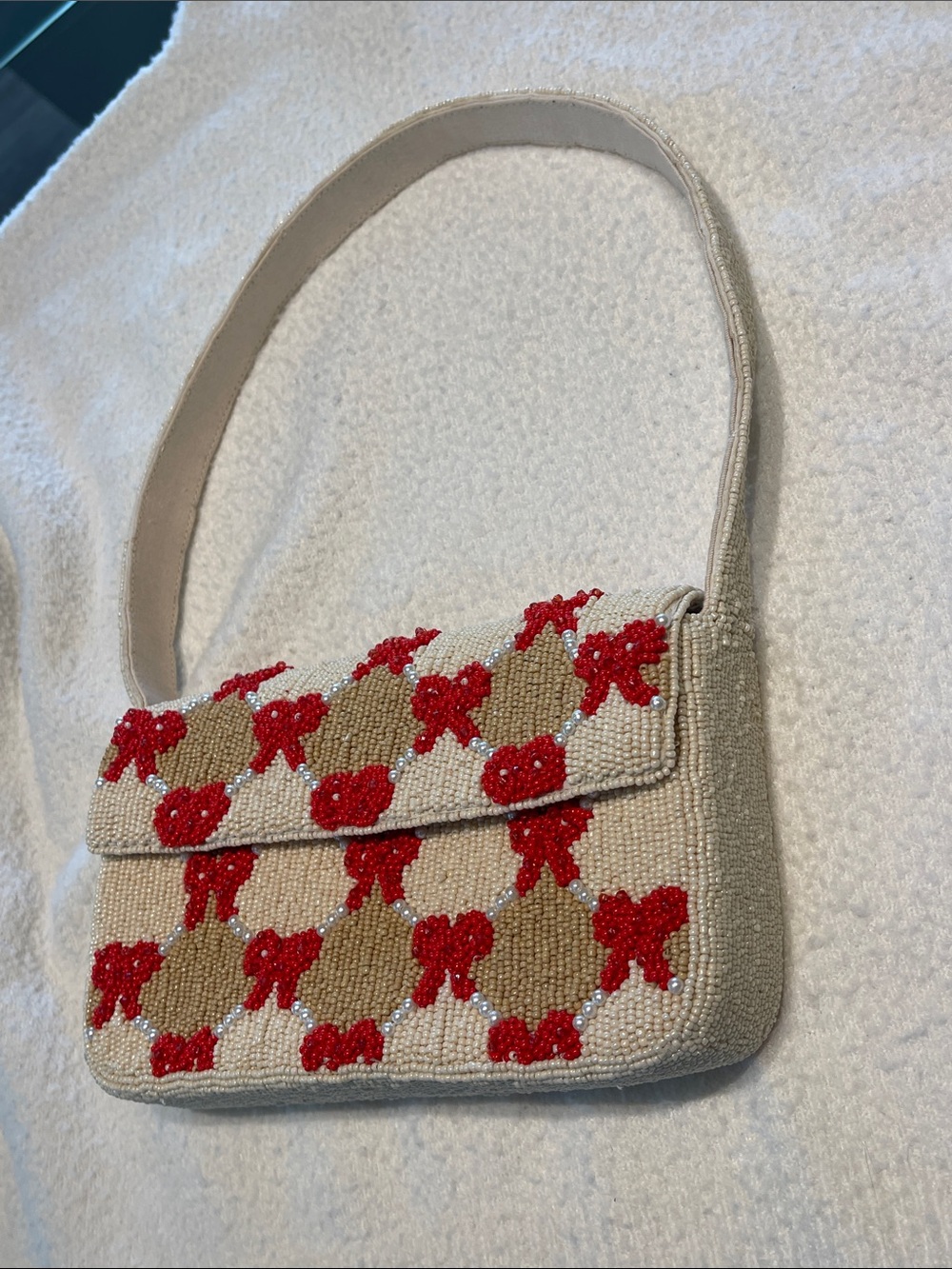 Anthropologie Beaded Bow-Pattern Shoulder Bag in Red and Beige